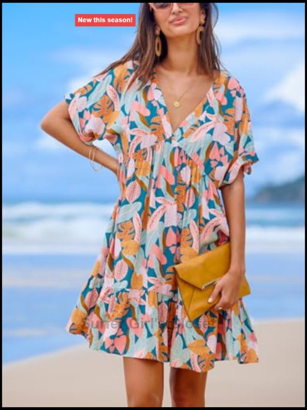 Tropical Ruffled Mini Dress V-Neck Short Sleeve Rayon A-Line Summer Casual - Picture 2 of 7